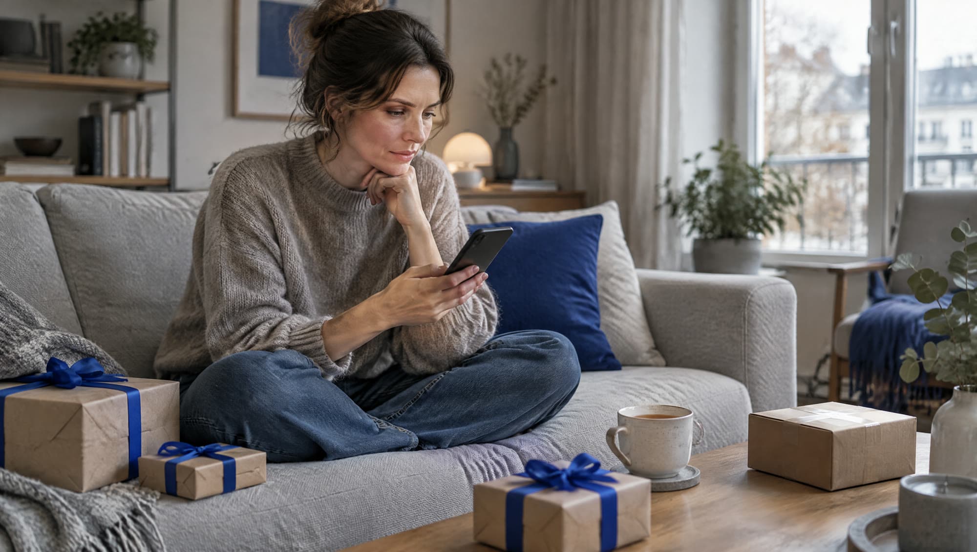 Frau sitzt auf dem Sofa und sucht auf dem Smartphone nach Geschenkideen, daneben verpackte Geschenke mit blauen Schleifen