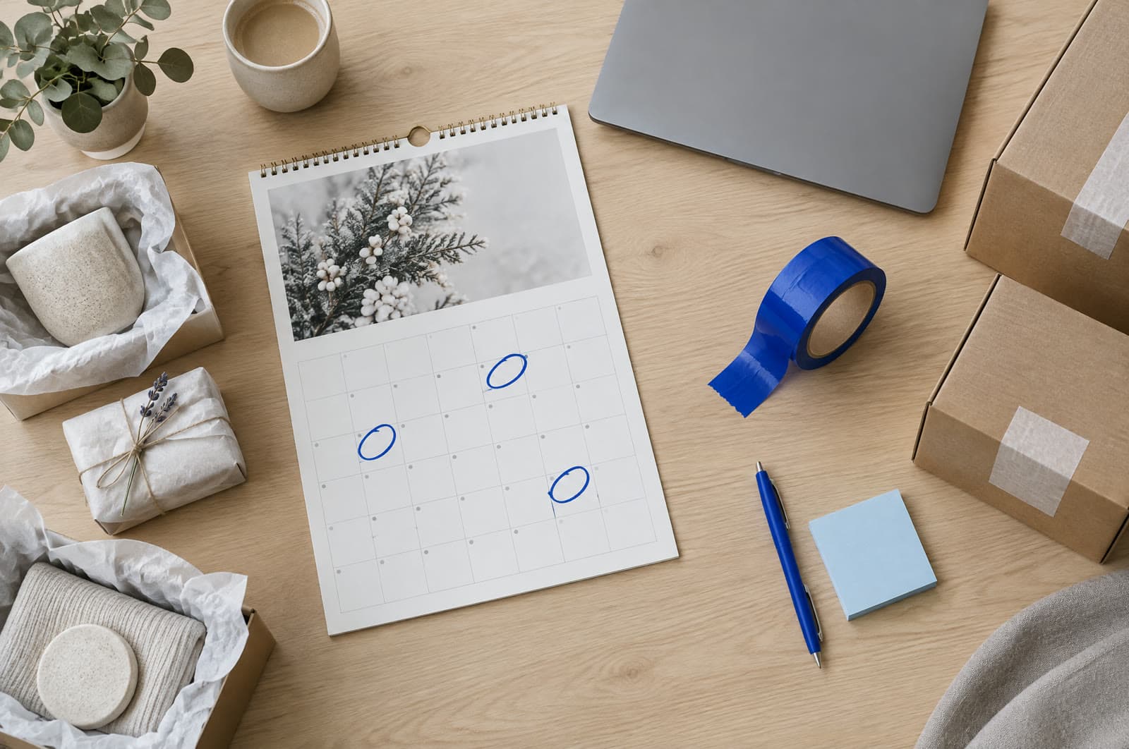 Schreibtisch eines Onlineshops mit Wandkalender für November, markierten Tagen, Versandkartons und blauem Klebeband
